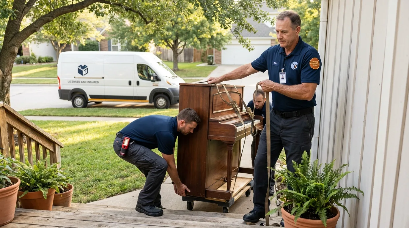 Licensed piano movers securing grand piano in Attica, NY