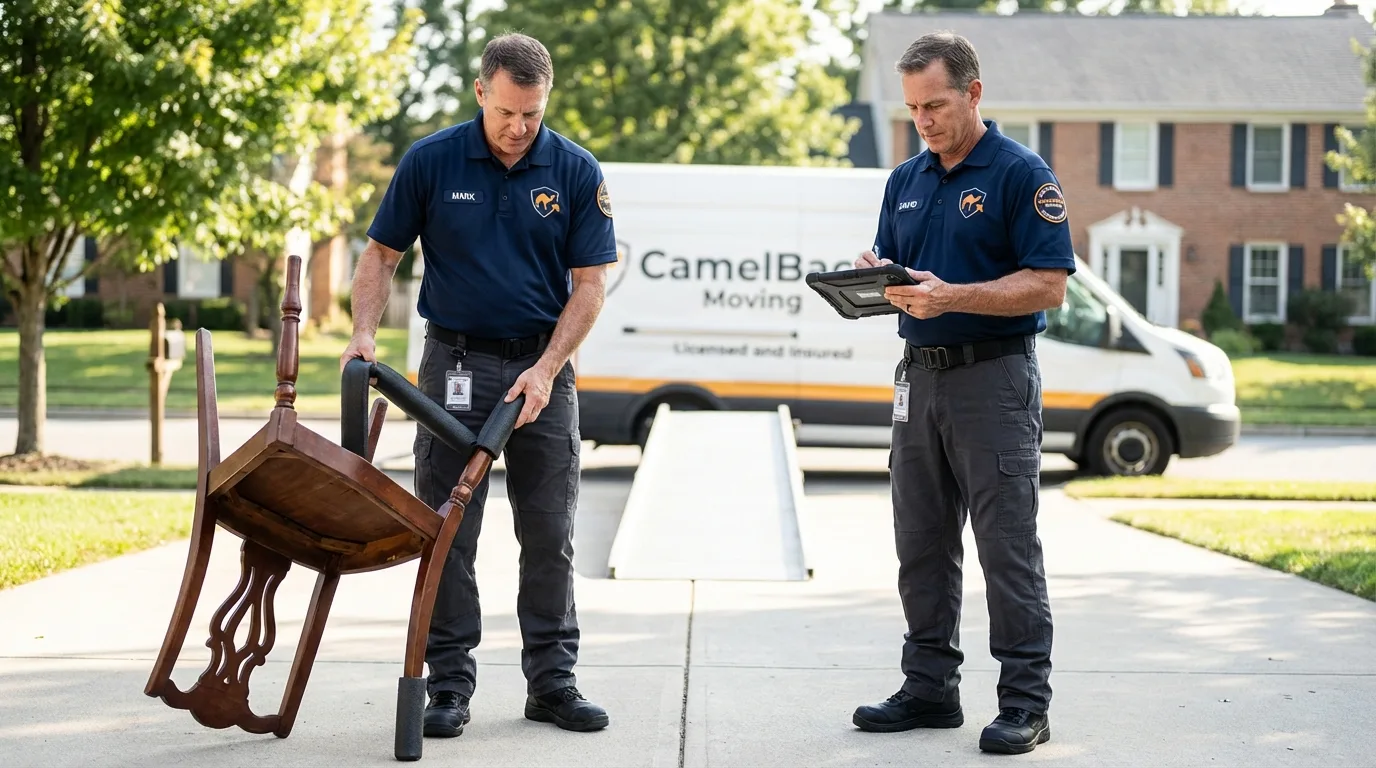 Movers inspecting furniture for damage prevention before loading in Attica, NY