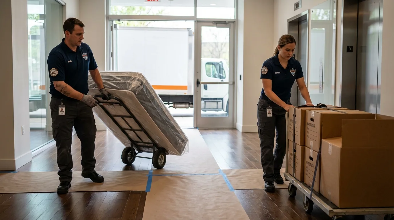 Professional apartment movers loading elevator in Attica, NY
