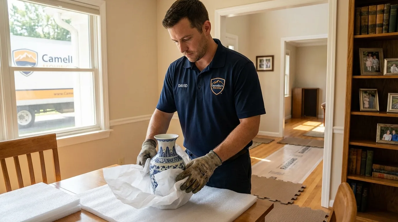 Professional crew carefully wrapping antique vase for senior downsizing move in Attica, NY