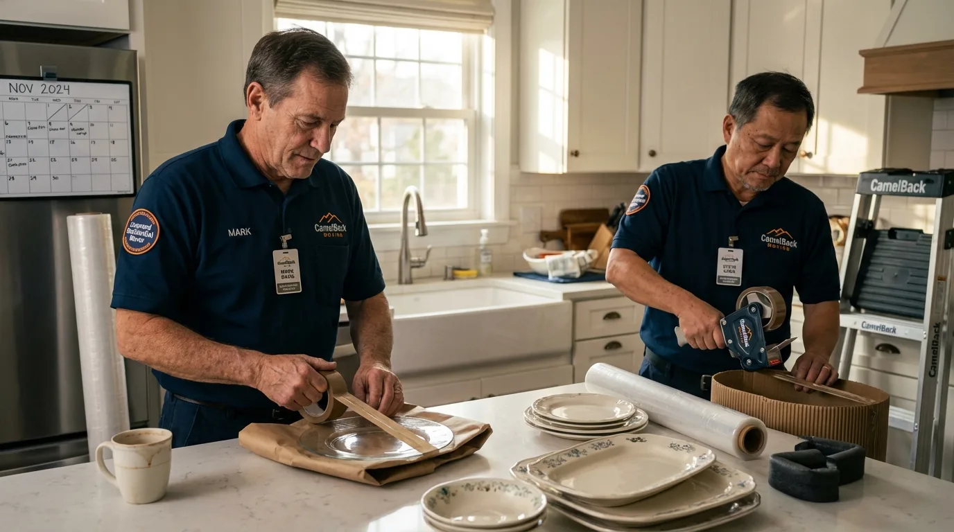 Professional crew packing kitchen dishware in Attica, NY